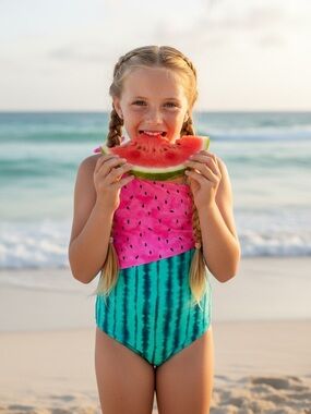 Girl’s Swimsuit Watermelon Print One-Shoulder One-Piece Like New XL 14